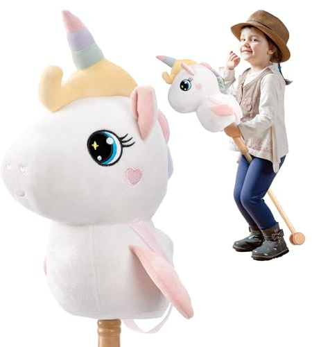 FUNLIO Unicorn Stick Horse for Kids 3+, Rainbow Fairy Hobby Horse with Soft Plush & Wood Wheels, Neighing and Galloping Sound for Pretend Play & Creativity, Horse Toys Gift, CPC & CE Certified - White