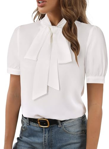 Rooscier Women's Bow Tie Neck Short Sleeve Elegant Office Workwear Blouse Shirt Tops