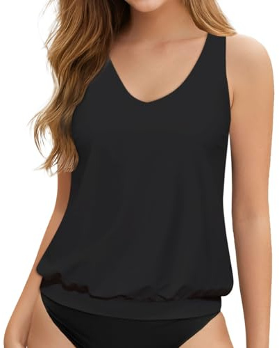 Tankini Women's Swimsuit Tummy Control Summer Swimwear Blouson Tankini Tops for Women Loose Fit Swimming Top without Bottom Swimsuit Swimsuit Top Festive Tops Men Modern, black, XL