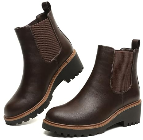Maxome Womens Chelsea Wedge Boots Fall Slip on Platform Low Wedge Heel Ankle Booties Brown