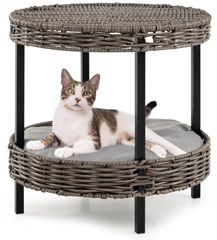 COSTWAY 2-Tier Wicker Cat Bed, Elevated Cat Nest with Soft Removable Cushions, Indoor Outdoor Rattan Kitten House Footstool Side Table, 38 x 38 x 38cm