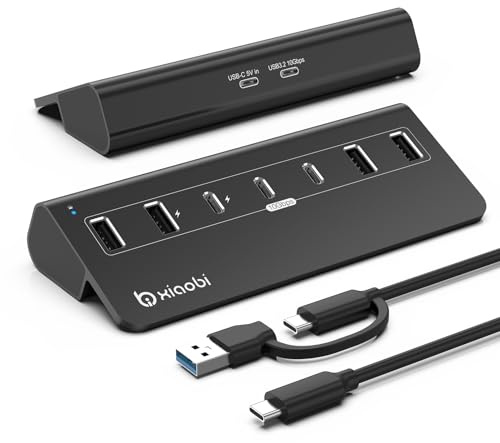 Xiaobi USB Hub mit Netzteil, 7 Port USB Hub 3.2 Gen 2, 10 Gbps USB Verteiler mit Netzteil 5V 3A Powered USB hub Adapter 4 USB-A & 3 USB-C Ports BC1.2-Schnelladung für iPhone 17/16 MacBook iPad Laptop