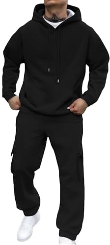 2 Men's Piece Tracksuit Set - Warm Fleece Hooded Sweatshirt, Black Tracksuit Long Sleeve Casual Sports Jacket, Joggers Sweatpants Bottoms with Pockets, Athletic Gym Running Sweatsuit