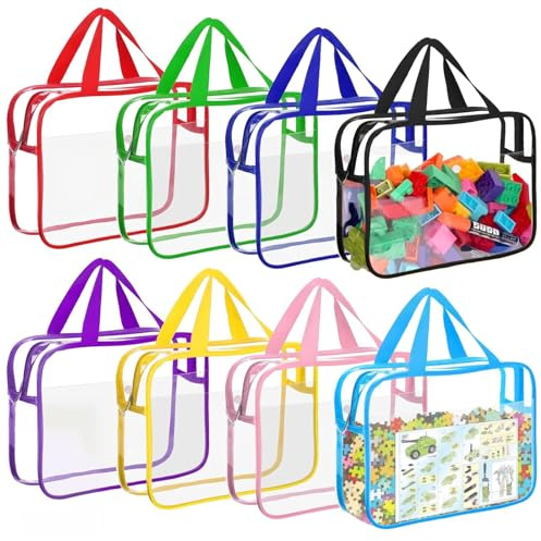 8 Packs Clear Toy Storage Bags with Handle, 11.8x8.6 Inch Toy Organizing Bags with Zipper Waterproof PVC Clear Bags for Travel Reusable Toys Organiser for Building Blocks Puzzle