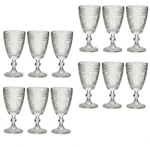 Set 12 Calice con piede Bicchieri in Vetro Trasparente da 30 cl Design Vintage Eleganti stile Pregiato Ideale per Acqua Vino e Tavole Raffinate Settore Casa e HORECA