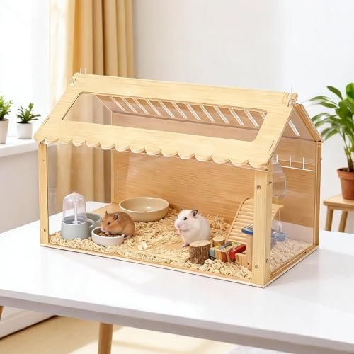 Clickovia Wooden Hamster Cage, 60 * 32 * 38CM Hamster Habitat with Ventilation Holes, Transparent Small Animals Cage with Acrylic Window & Openable Top For Dwarf Syrian Hamster, Gerbil（No ornaments）