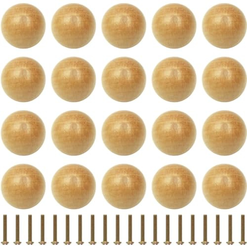 TIANLIN 20 Pezzi Pomelli Cucina in Legno, 40 mm Sferico 3D Manopole per Cassetti, Pomelli per Cassetti con 20 Viti, Liscio Pomoli per Mobili, per Cassetto, Armadi, Librerie