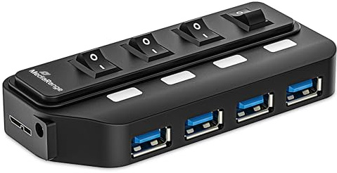 MediaRange USB 3.0 Verteiler mit separaten Schaltern und Netzteil, Multiport USB-Hub mit 4Ports zum Anschluss von bis zu Vier USB-fähigen Endgeräten, Superspeed-Übertragungsrate bis zu 5 Gbit/s