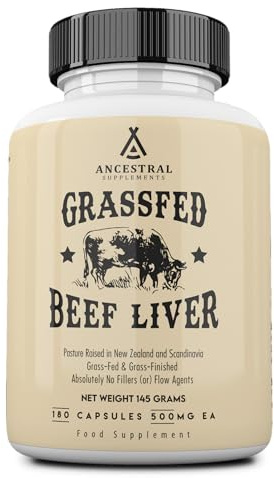 Ancestral Supplements Grass Fed Beef Liver Capsules, Supports Energy Production, Detoxification, Digestion, Immunity and Full Body Wellness, Non-GMO, Freeze Dried Liver Health Supplement, 180 Capsules
