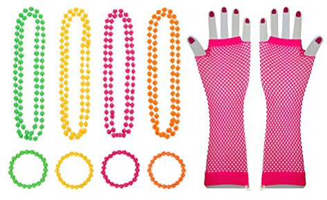 STOBOK Party Neon Anhänger Armband Perlenkette Fischnetz Auge Lange Handschuhe (Halskette x 4 + Armband x 4 + Wassermelone rote Handschuhe x 1)