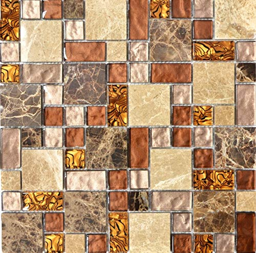 Carrelage Mosaïque Translucide Beige Marron - Combinaison Verre Cristal Pierre pour Sol, Mur, Salle de Bain, WC, Douche, Cuisine - Carrelage de Comptoir, Tapis