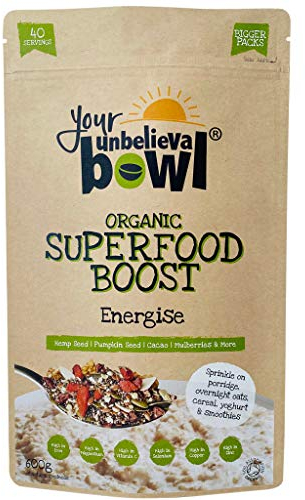 Your UnbelievaBowl - Organic Superfood Boost (Energise) 600g, 40 Servings, 45p Per Serving, Gluten Free, Chia Seed, Hemp Seed, Pumpkin Seed, Cacao, Mulberry, Goji, Flaxseed, Almonds