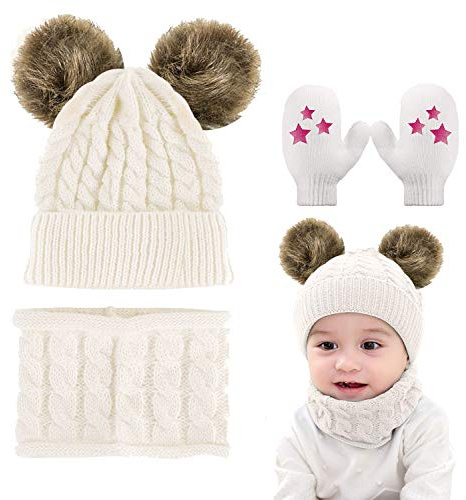 CheChury Bébé Écharpe Bonnet et Gants Hiver Bonnet Bébé Fille Hiver Pompom 0-36 Mois Tricotés Bonnet Écharpe Ensemble Enfants,Blanc_03,Taille unique