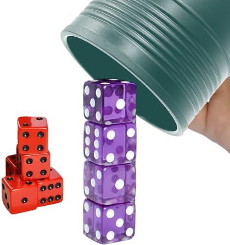 Dice Stacking Cup(Green) Set with 4 Pcs 19mm(Puple) and 5 Pcs 18mm(Red) Standard 6 Sided Dices, with Storage Bag-Magic Tricks Instruction