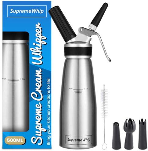 SupremeWhip PRO Cream Dispenser, Durable High-Grip, Metal Lid with Rubber, 3 Nozzles, for Hot/Cold Use, Cleaning Brush Included, Silver - 500 ml / 1 Pint