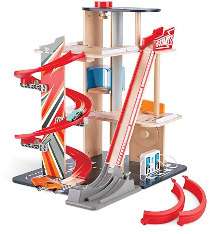 Hape Stunt-Fahrbahn mit Ladestation | Parkaus und Garagen-Spielset mit 3 Ebenen und Looping inklusive Zwei Rennwagen, ab 3 Jahren