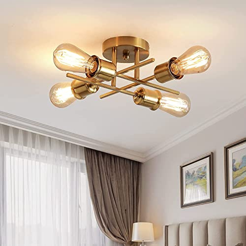Qcyuui taklampa guld, 4-ljuskällor Sputnik lampa, E27, industriell design | Platt metalltaklampa, för vardagsrum, sovrum, matsal och kök; utan belysningsmedel