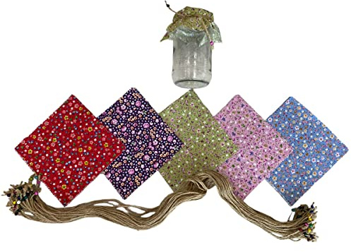 50 Pieces% 100 Cotton Flowered Pattern Fabric Jar Cover Cloth- 6.7'' Jar Cover Cloth With 50 Pieces Beaded Jute Rope