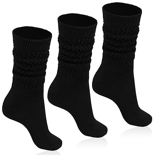 Moon Wood 3 Paires Chaussettes Montantes Femmes Coton Tricotées Jambières chaussettes Hautes Knee High Slouch Socks Taille 36-42 Noir