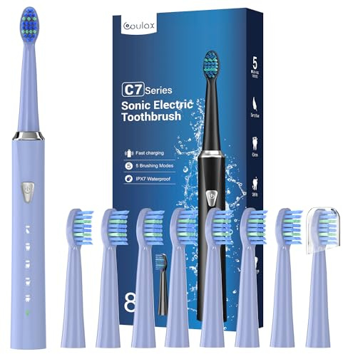 Brosse À Dent Électrique Sonique avec 8 Têtes - Brosse À Dents Sonique pour Adultes et Enfant, 5 Modes, Étanche IPX7, Brosses à Dents Ultrasoniques Famille et Voyager, Brosses À Dents Violet Clair