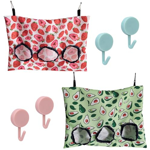 2 Kaninchen Heu Futtersäcke, 4 Haken, hängender Heufutterbehälter, faltbar mit DREI Löchern, Lagerung von Heubehältern, Geeignet für Kaninchen und Hamster