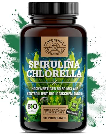 Spirulina Chlorella Tabletten -BIO- 6000mg je Tagesdosis I WICHTIG: 100% zertifzierte Bio-Ware I 500 Chlorella Spirulina Presslinge aus kontrolliert biologischem Anbau I Vegan - DE - Scheunengut®