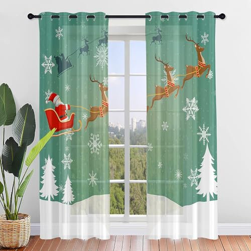 FANSU 2er Set Scheibengardinen 3D Weihnachten Halbtransparent Bistrogardine, Schlaufengardinen Gardinen Küche Türgardine für Wohnzimmer, Schlafzimmer, Hotel (80x115cm,Weihnachtsschlitten)