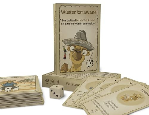 e-Row Trinkspiel Wüstenkarawane - Ultimatives Party Kartenspiel mit Holzwürfel, lustige Single & Gruppen Aufgaben - das original Saufspiel - 55 Karten - Top Neuheit 2025