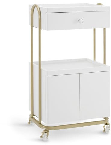 M MCombo Servierwagen mit Rollen & Schublade, Rollwagen Friseurwagen Weiß-Gold, Salon Trolley mit 2 Ablagen und Schrank, Moderner Arbeitswagen für Bad Wohnzimmer, 36x50x87cm, 0086