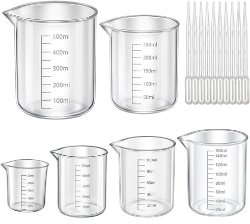 16 Stück Messbecher Set, Präzisionshitzebeständig 6 Messbecher 25 Ml 50 Ml 100 Ml 150 Ml 250 Ml 500 Ml Mit 10 Pipetten, Measuring Cups,für Labor Küche Waschmittel Chemikalien