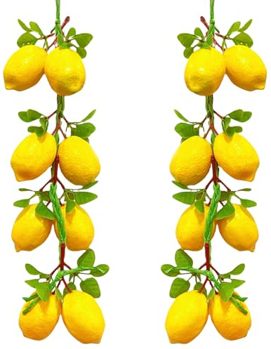 Tuxiaobu Confezione da 2 corde di limoni artificiali, frutta finta, da appendere, decorazioni per la casa, la cucina, oggetti di scena fotografici (filo giallo limone)