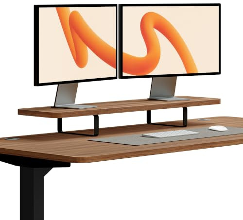 Desktronic Monitorställ Valnöt, Skrivbordshylla för Monitor och Laptop, 114 x 28 x 12,8 cm, 25 mm Valnötslaminat och Svarta Stålben, 30 kg, Valnöt/Svart