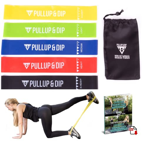 PULLUP & DIP Loop Bänder, Fitnessbänder 5er Set + Tragetasche, Widerstandsbänder aus Naturlatex, Mini Bands, Gymnastikband, Loop Band für Muskelaufbau, Yoga, Gymnastik, Pilates