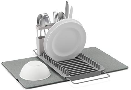 Umbra Udry Dish Rack and Microfiber Drying Mat – Space-Saving Design Folds Up for Easy Storage, Over-Sink Rack, Gray