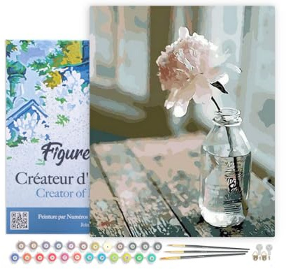 Figured'Art Peinture par Numéro Adulte avec Cadre Fleur Blanche - Activité Manuelle Kit de Loisir Créatif DIY Numéro d'Art Complet - 40x50cm toile tendue sur châssis
