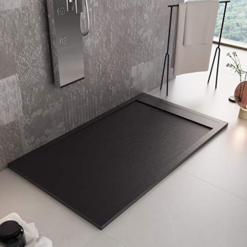 Luminosa ArredoBagno Plato de ducha resina 80 x 90 cm – Efecto piedra antideslizante con gel – Modelo Luxury negro – Rejilla de color liso y desagüe incluidas