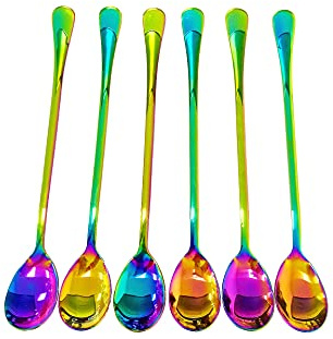 SHINE Rainbow Latte Spoons, 19 cm Long-Handled Stainless Steel Spoons for Tall Drinks and Desserts, Set of 6