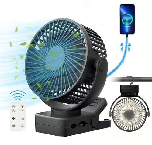 OUTERFAN Portable Fan with Remote Control & Timer & LED Lights, 60hrs 12000mAh USB Rechargeable Battery，Clamp/Hanging/Stand Up, Small Clip on Fan for Baby Stroller, Bed, Desk, Camping Tent, Travel