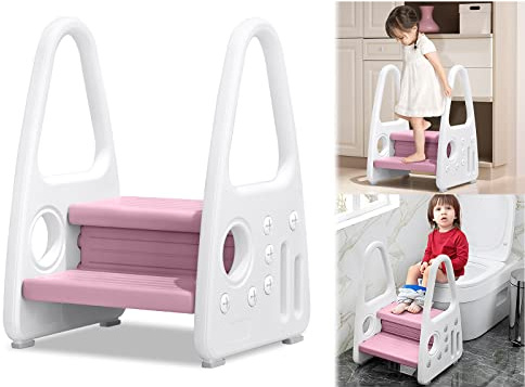 LARS360 Barn, trapppall, inlärningstorn, stegpall, stående, med 2 nivåer, pyramidstruktur, säkerhet, barnpall för 2–5 år, 45 x 39,5 x 61 cm (rosa)
