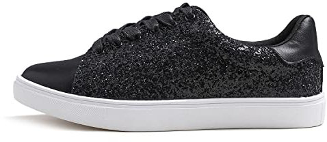 Feversole Women's Featured PU Leather Lace-Up Sneaker,Sneakers Stringate in Pelle PU da Donna Schwarz Paillette 38 EU