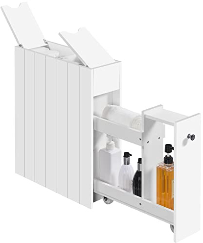 Yaheetech Slim Bathroom Floor Cabinet, Narrow & Compact Bathroom Organizer with Drawer & Slide Out Shelf, Freestanding Storage Unit on Wheels, White