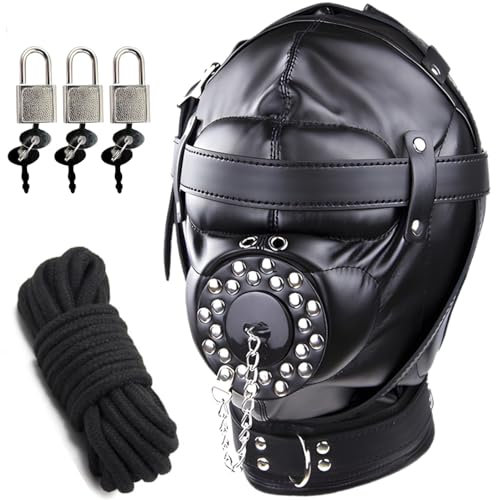 Cagoule Sexy Érotique cuir artificiel Noir Cagoule BDSM avec Bâillon Harnais Ghost avec Cache-Œil Rétractable Jouet Érotique Sexy Couple SM Taille Universelle cagoules baillon sm FOPS B23-6