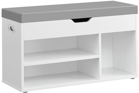 VASAGLE Banc à Chaussures Rembourré, Banc de Rangement, Rangement Caché, Étagères, Meuble d'Entrée, Capacité de Charge 136 kg, 30 x 80 x 44 cm, Blanc Nuage et Gris Tourterelle LHS030W01