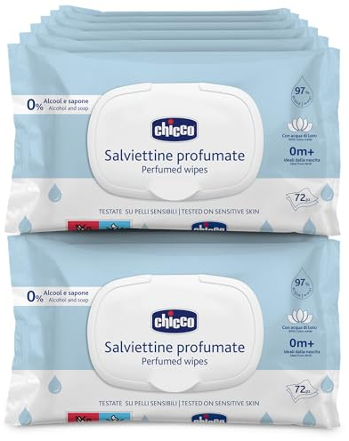 Chicco Salviette multiuso per neonati con placca senza alcool, profumate per pelli sensibili, confezione multipla da 864 salviette, 12 confezioni da 72 panni
