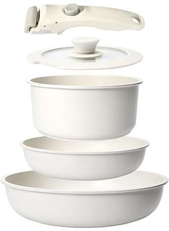 GiPP Pots and Pans Set Non Stick,5PCS Cookware Sets Nonstick Detachable Handle,Induction Kitchen Set Removable Handle，RV Cookware Set,Oven Safe(White，5PCS