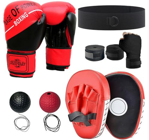 Mirrwin Boxen und 6oz Boxhandschuhe Set für Kinder, Handpratzen, Reflexball und Boxbandage für Kick Boxen Training MMA Muay Thai Karate Taekwondo