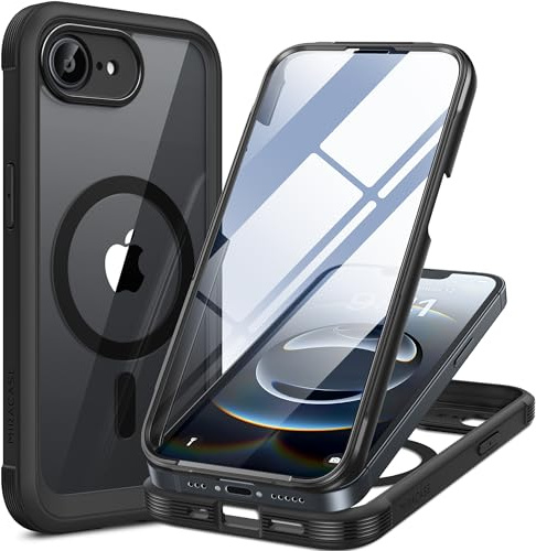 miracase Magnetic Case for iPhone 17e Case & iPhone 16e case 6.1, [Built-in 9H Tempered Glass Screen Protector] Full Body Bumper Shockproof with Clear Back Cover, Compatible with MagSafe (Black)