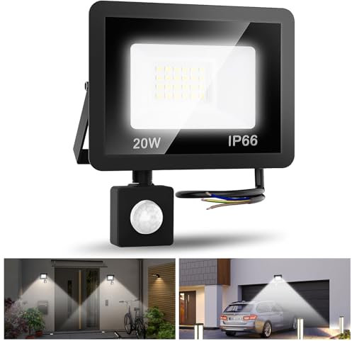 Bwaliffury Projecteur LED 20 W avec détecteur de mouvement - Projecteur extérieur 6500 K blanc froid - Étanche IP66 - Support réglable à 180° - Pour jardin, garage, cour