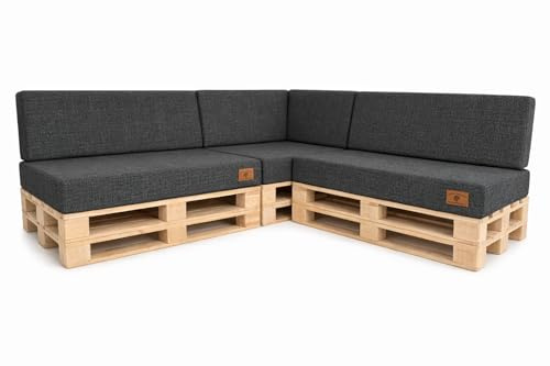 Palettenkissen 7-teiliges Set für Ecksofa | Palettensofa mit abnehmbarem Bezug | Kaltschaum Palettenauflage | Sitzkissen Rückenlehne für Europaletten 120 x 80 | UV-beständig | Waschbar (Dunkelgrau)