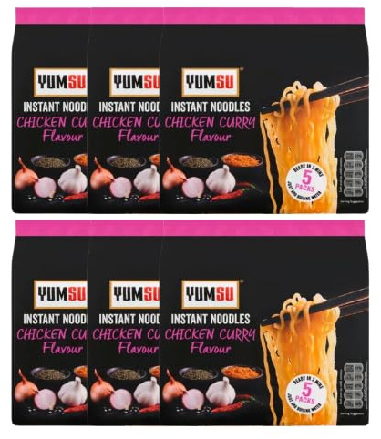Yumsu Instant Chicken Curry Ramen Noodles 5 x 70g Assorted Pack Spicy Asian Flavour, Halal Dried Noodles, Quick & Easy Meal, Authentic Curry Soup Base (Pack of 30)